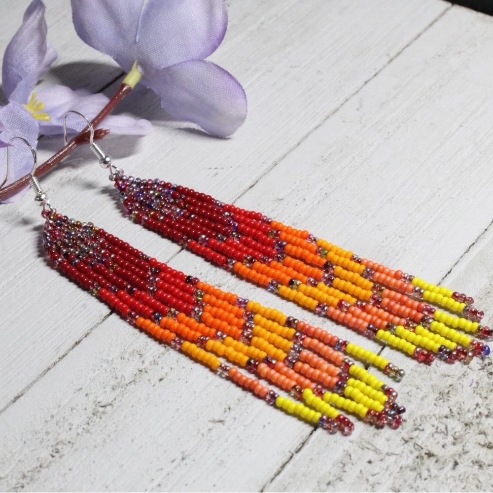 Handmade Seed Beaded Earrings Magic Raspberry Bright Colorful Earrings 4.5” Long